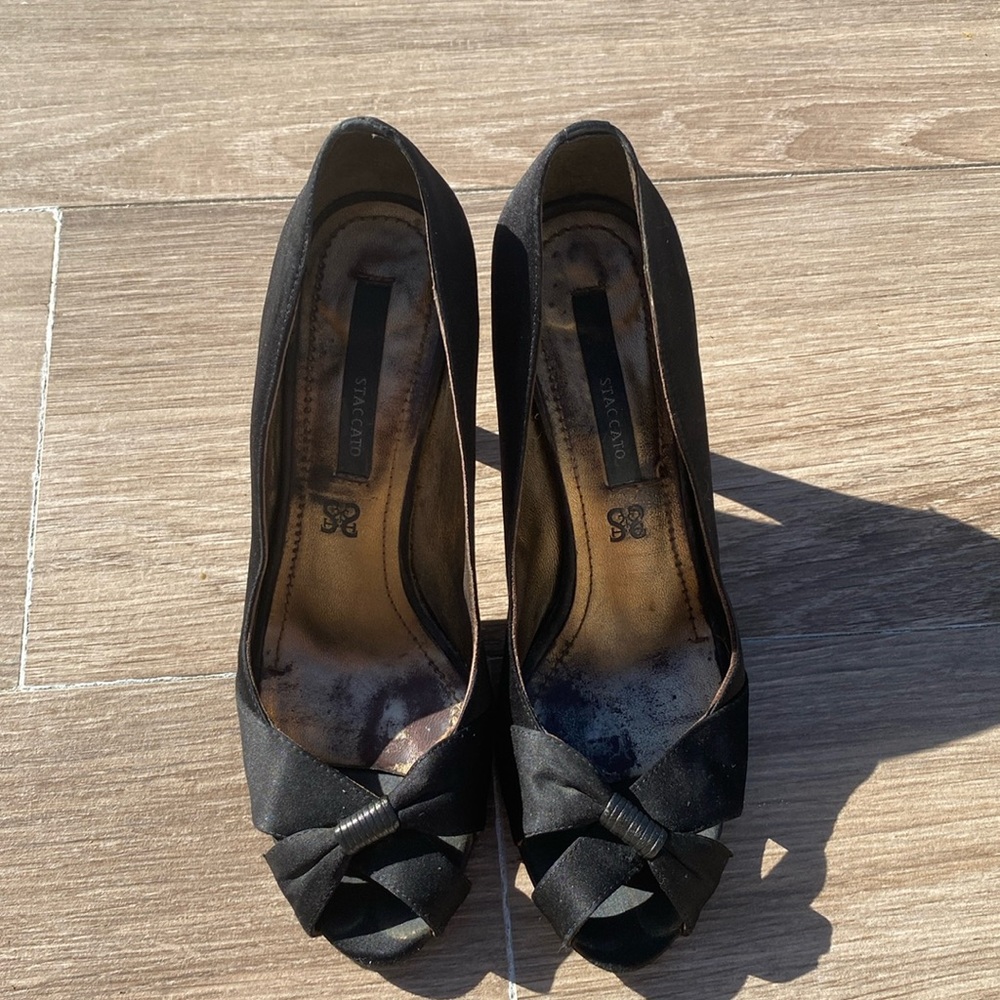 Staccato peep toe dressy sandal. 4 inch heel. Black satin